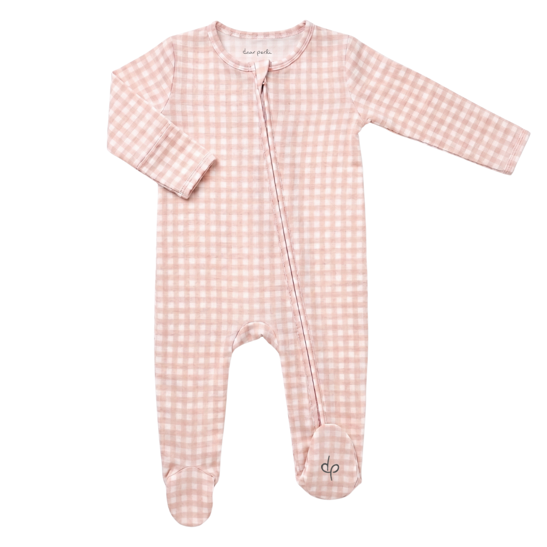Footie Zippered One Piece in Micro Gingham Petal Pink