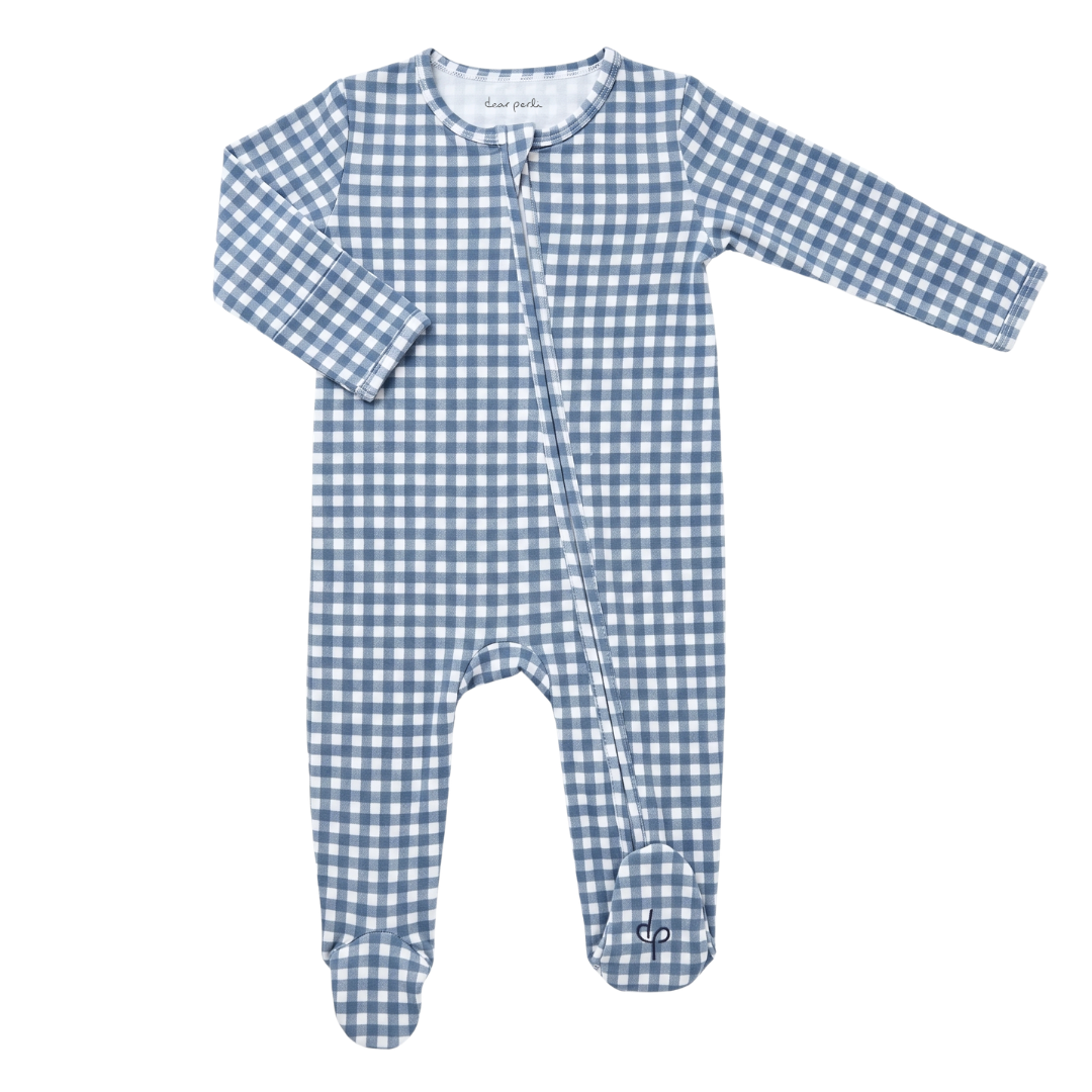 Footie Zippered One Piece in Micro Gingham Navy