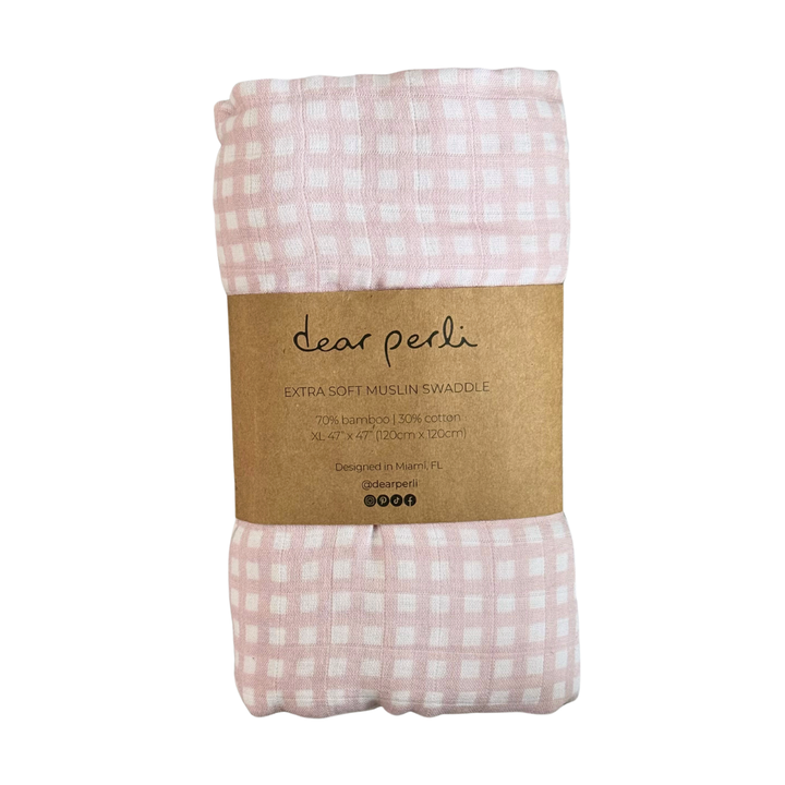 Bamboo Muslin Swaddle Blanket in Micro Ginham Petal Pink