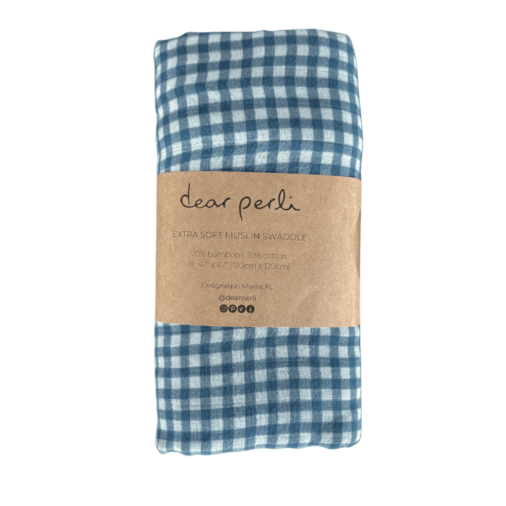 Bamboo Muslin Swaddle Blanket in Micro Ginham Navy - Dear Perli