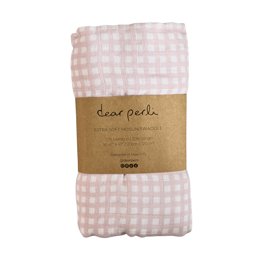 Bamboo Muslin Swaddle Blanket in Micro Ginham Petal Pink - Dear Perli
