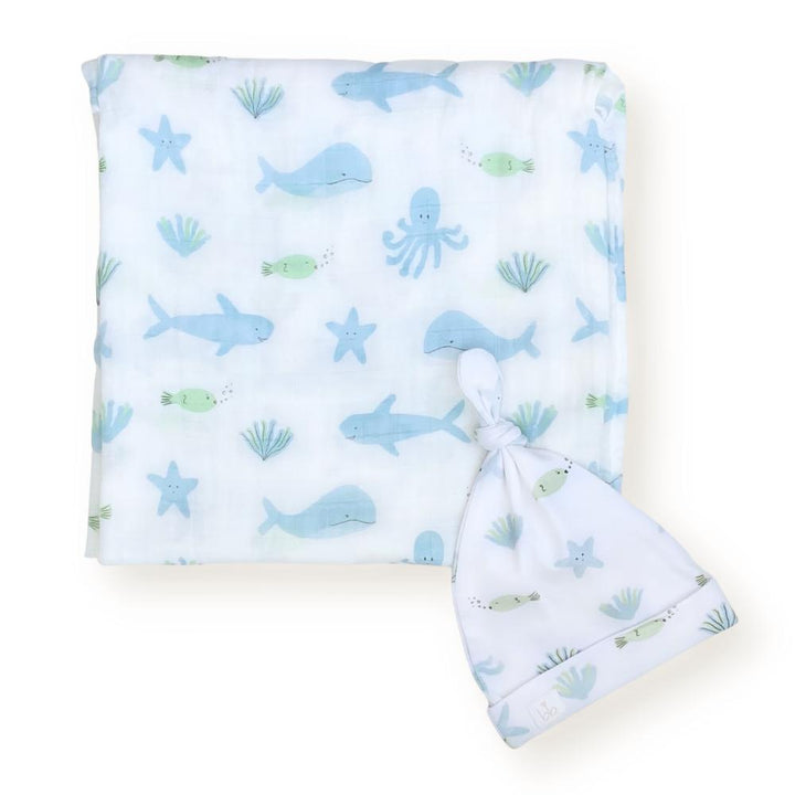 Bamboo Muslin Swaddle Blanket & Topknot Set - Busy Bees - Dear Perli