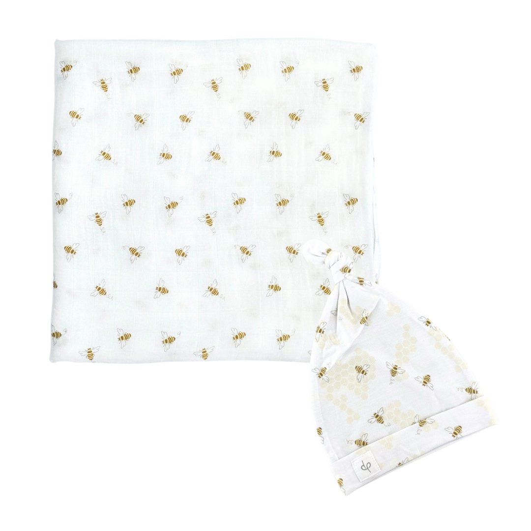 Bamboo Muslin Swaddle Blanket & Topknot Set - Busy Bees - Dear Perli