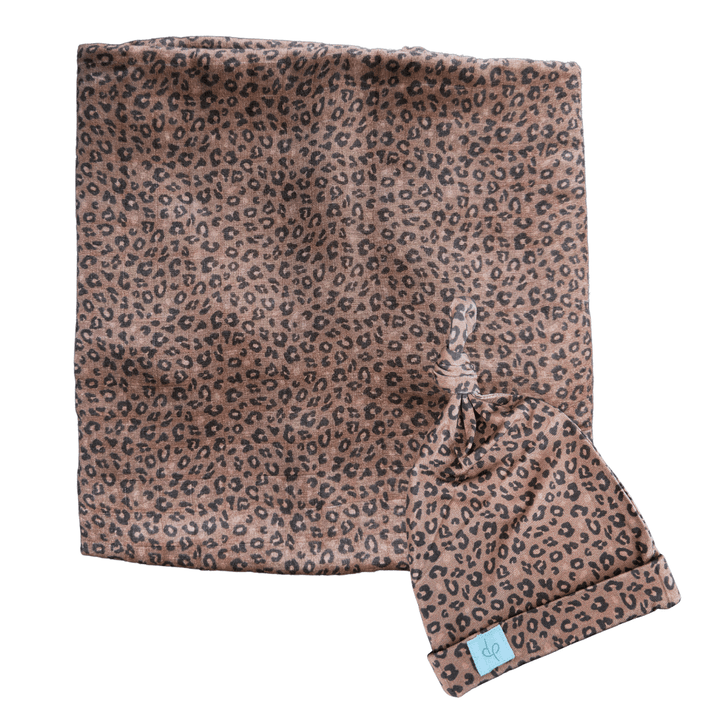 Bamboo Muslin Swaddle Blanket & Topknot Set - Chocolate Leopard - Dear Perli