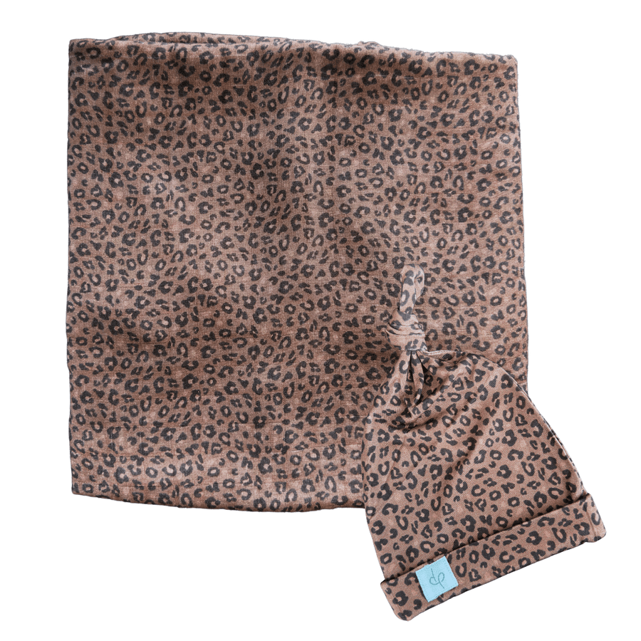 Bamboo Muslin Swaddle Blanket & Topknot Set - Chocolate Leopard - Dear Perli