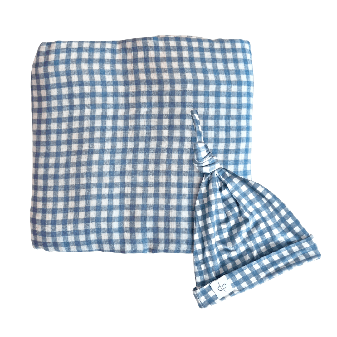 Bamboo Muslin Swaddle Blanket & Topknot Set - Micro Gingham Navy - Dear Perli