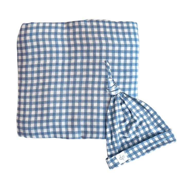 Bamboo Muslin Swaddle Blanket & Topknot Set - Micro Gingham Navy - Dear Perli