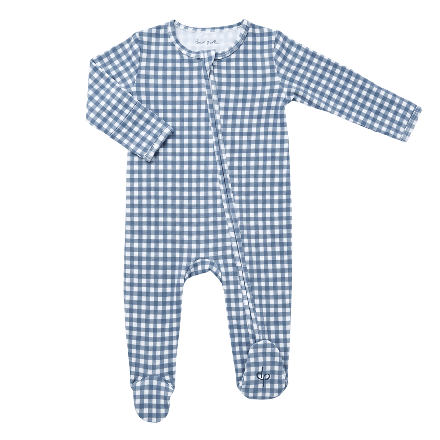 Footie Zippered One Piece in Micro Gingham Navy - Dear Perli