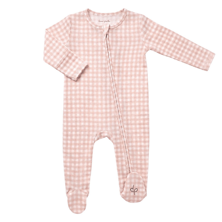 Footie Zippered One Piece in Micro Gingham Petal Pink - Dear Perli
