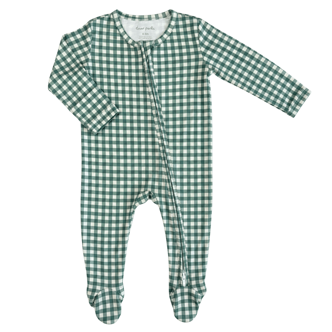 Footie Zippered One Piece in Micro Gingham Pine - Dear Perli