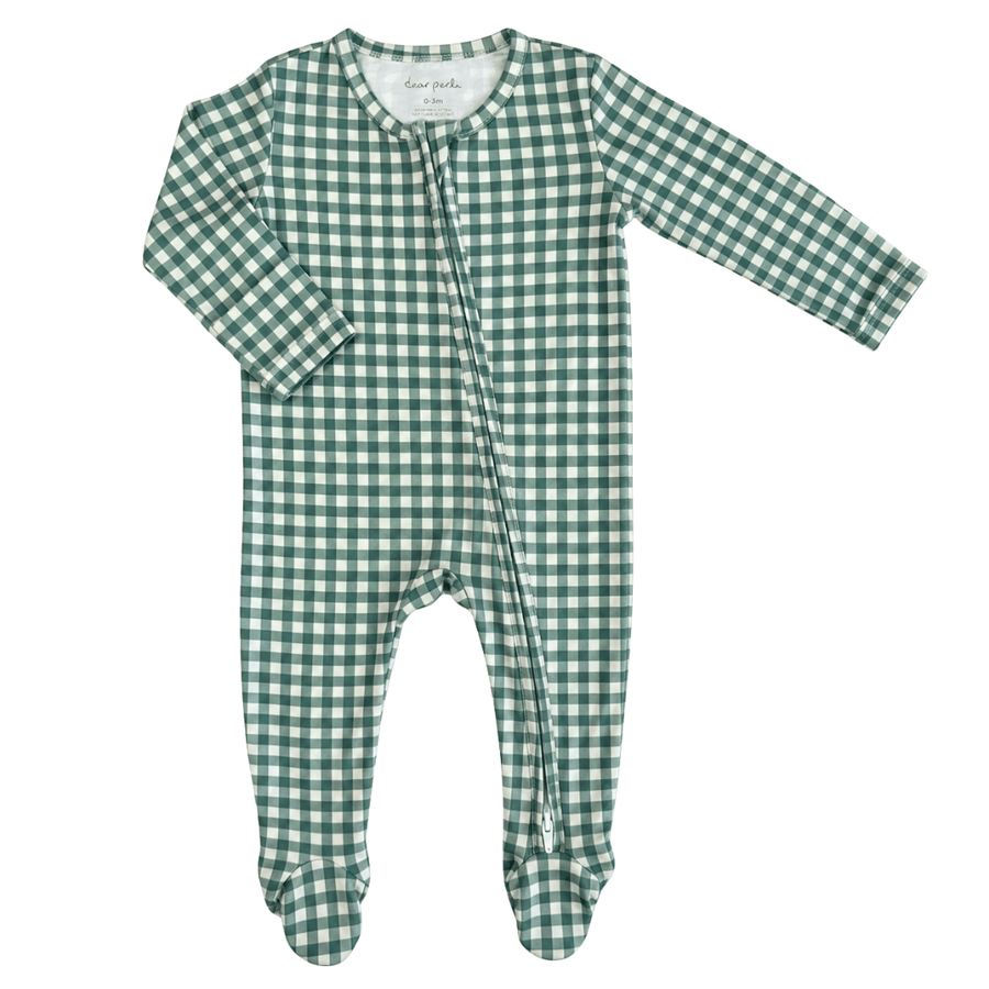 Footie Zippered One Piece in Micro Gingham Pine - Dear Perli