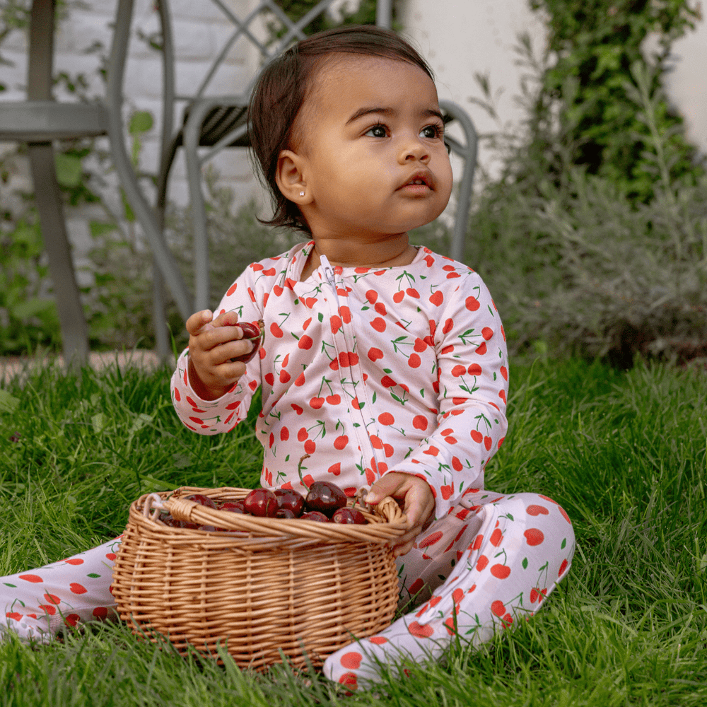 Footie Zippered One Piece in Sweetheart Cherries - Dear Perli