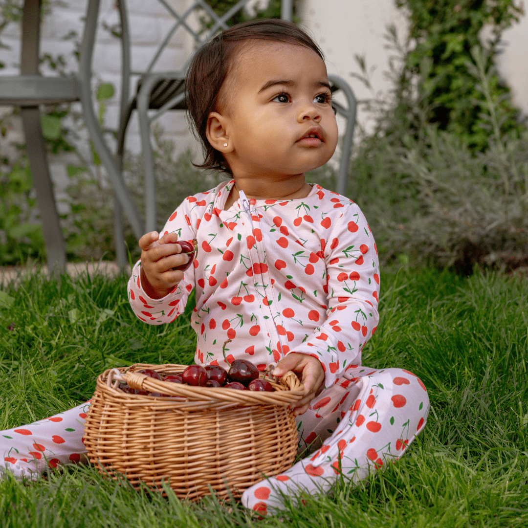 Footie Zippered One Piece in Sweetheart Cherries - Dear Perli