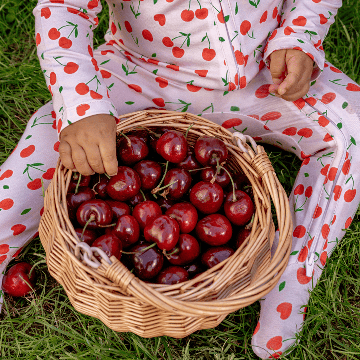 Footie Zippered One Piece in Sweetheart Cherries - Dear Perli