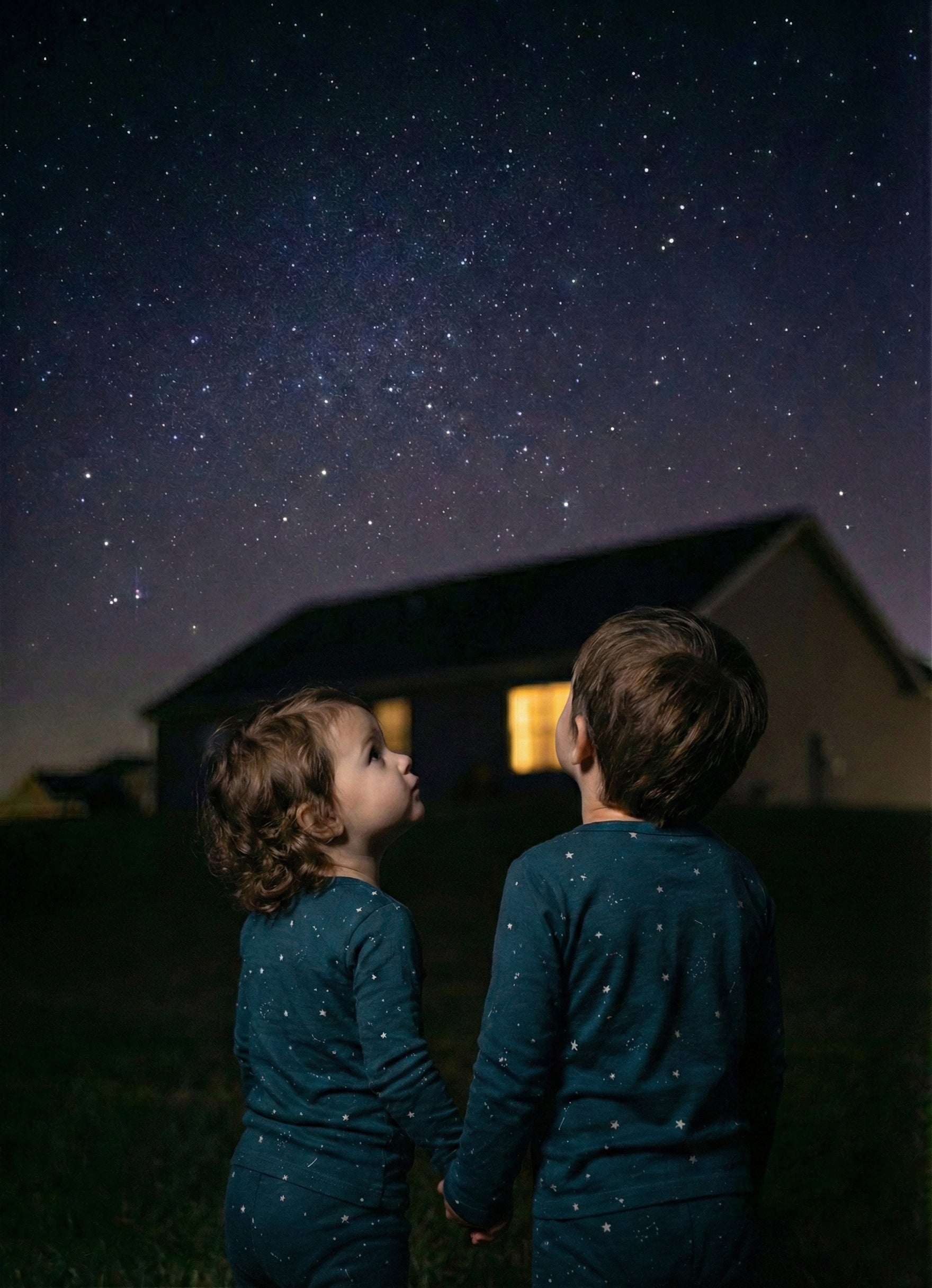 Two children in matching outfits looking up at a starry night sky.
