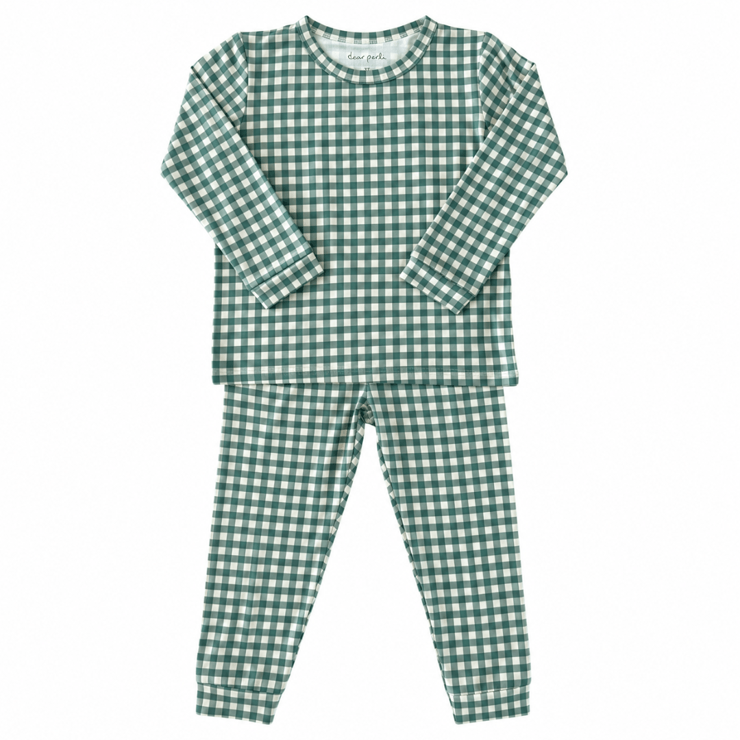 Toddler Pajama Set in Micro Gingham Pine - Dear Perli