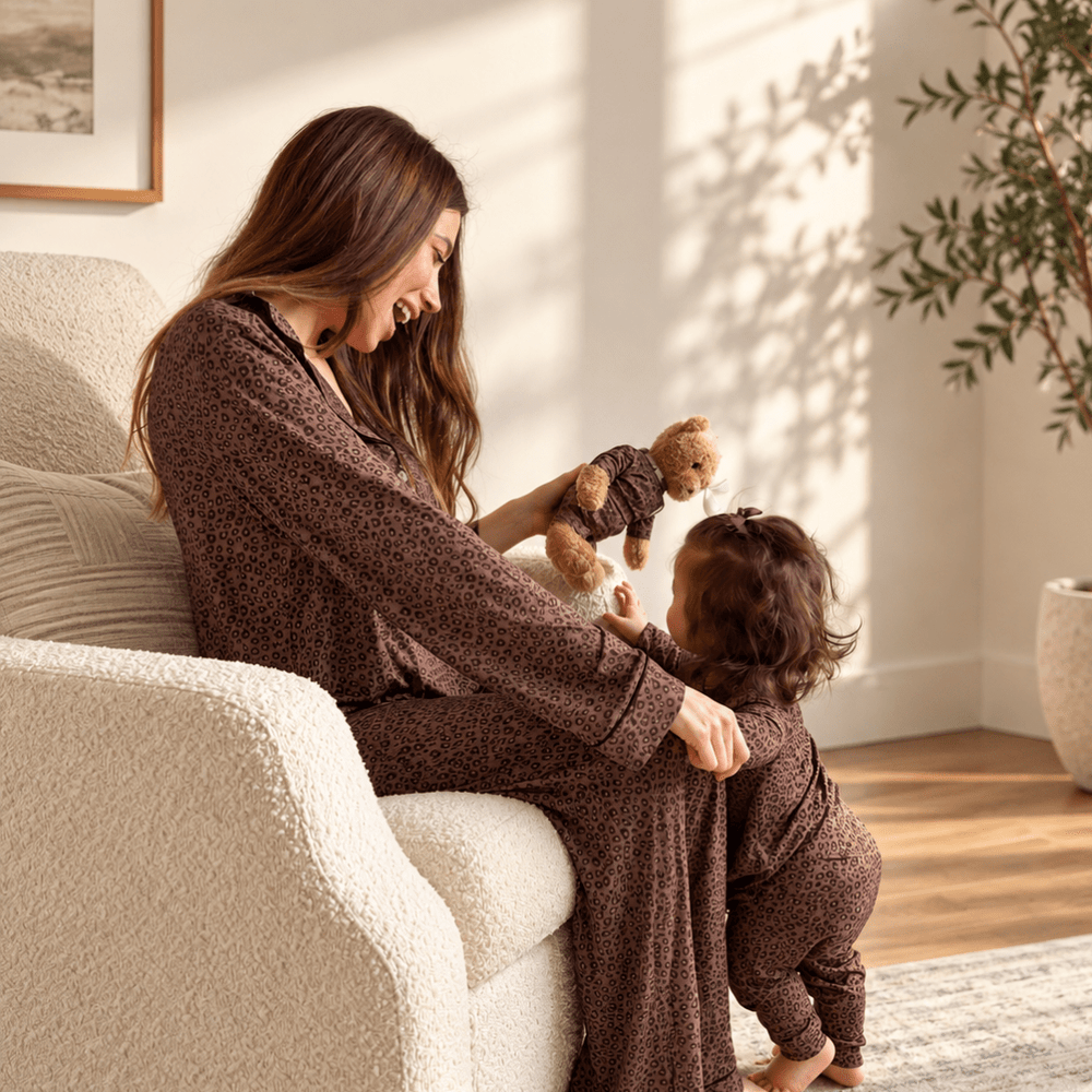 Women's Long Sleeve Pajama Set in Chocolate Leopard - Dear Perli