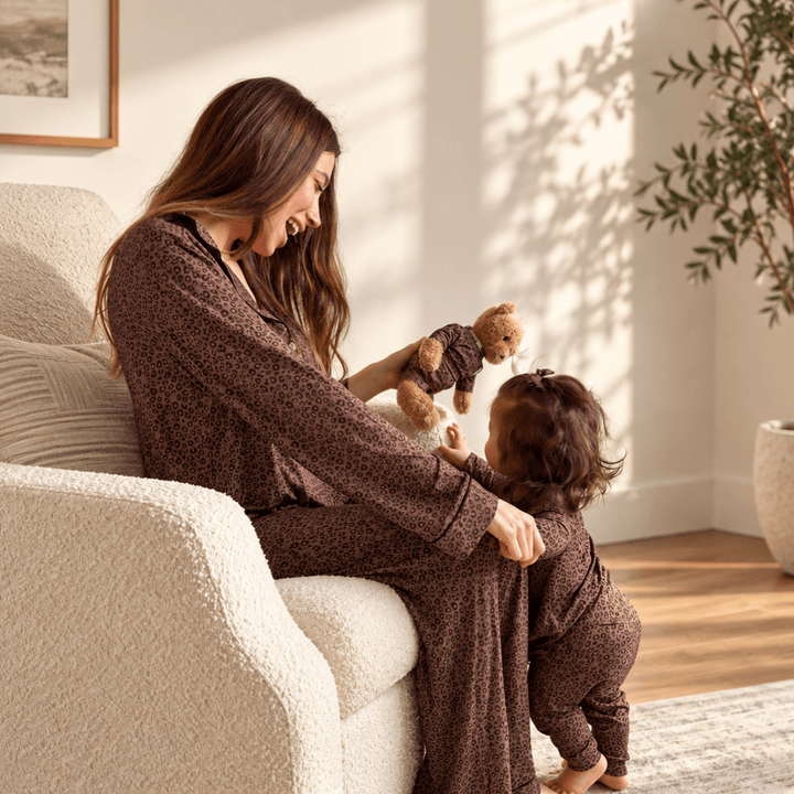Women's Long Sleeve Pajama Set in Chocolate Leopard - Dear Perli