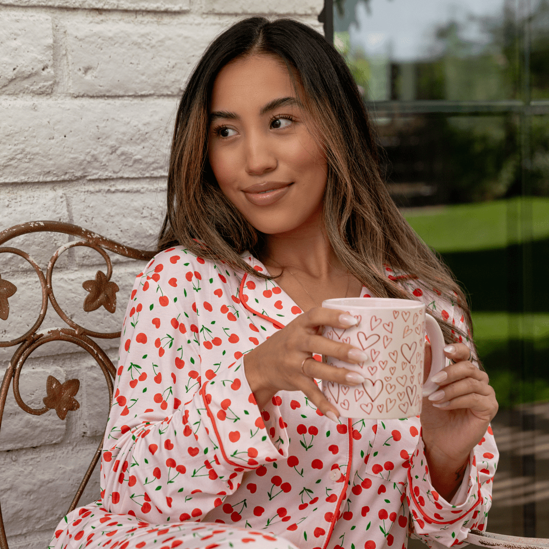 Women's Long Sleeve Pajama Set in Sweetheart Cherries - Dear Perli