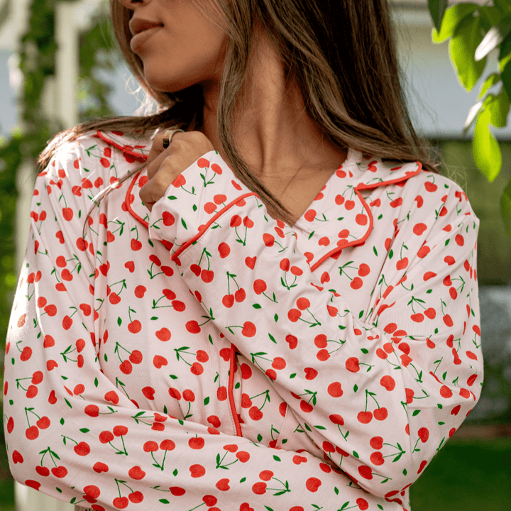 Women's Long Sleeve Pajama Set in Sweetheart Cherries - Dear Perli