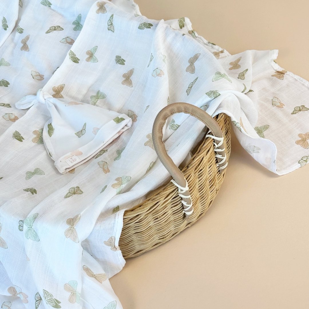 Bamboo Muslin Swaddle Blanket & Topknot Set - Butterflies - Bundled Baby