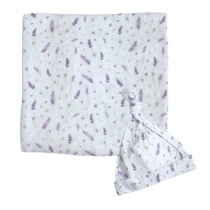 Bamboo Muslin Swaddle Blanket & Topknot Set - French Lavender - Dear Perli