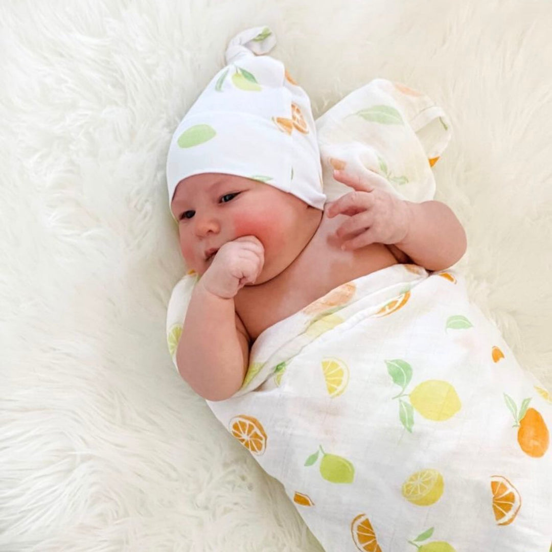 Bamboo Muslin Swaddle Blanket & Topknot Set - Main Squeeze - Bundled Baby