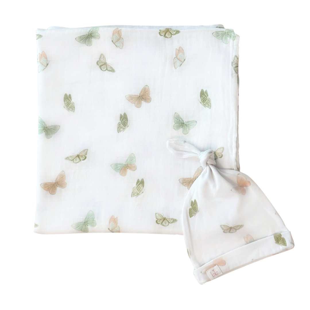 Bamboo Muslin Swaddle Blanket & Topknot Set - Under the Sea - Bundled Baby